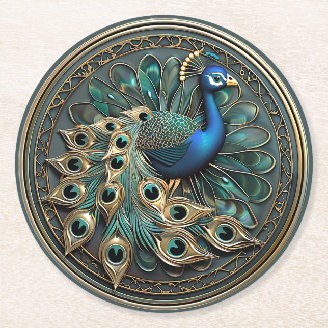 Beautiful Peacock Blue Gold Turquoise Art Deco   Round Paper Coaster (Front)