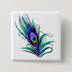 Beautiful Peacock Feather 2 Inch Square Button
