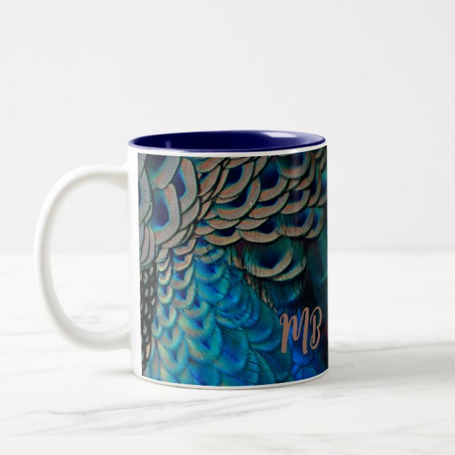Beautiful Peacock Feather Eye Plumes Cluster   Two-Tone Coffee Mug (Left)