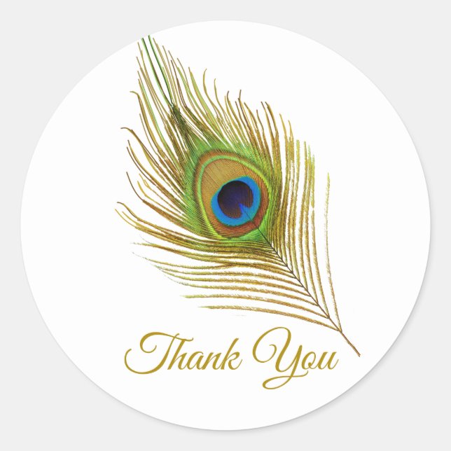 Beautiful peacock feather golden Thank You Classic Round Sticker (Front)