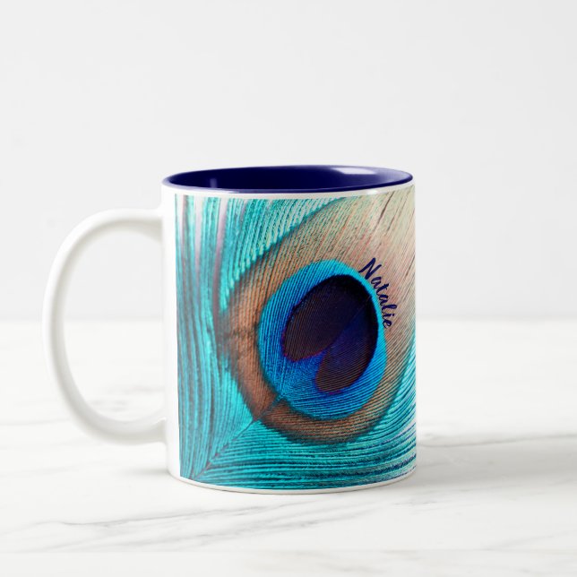 Beautiful Peacock Feather with Name   Two-Tone Coffee Mug (Left)