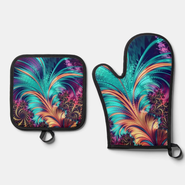 Beautiful Peacock Feathers Oven Mitt & Pot Holder Set (Front)