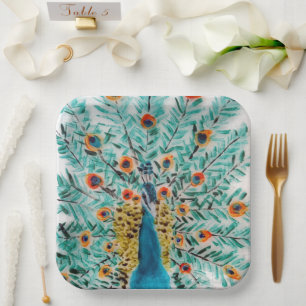Beautiful Peacock Feathers Peafowl Paper Plate