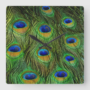 Beautiful Peacock Feathers Square Wall Clock