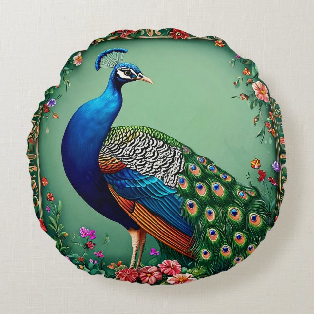 Beautiful peacock flower background round pillow (Front)