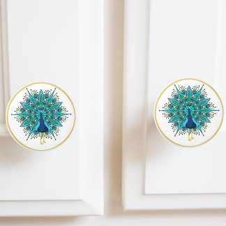 Beautiful Peacock in Blue Teal Gold Ceramic Knob