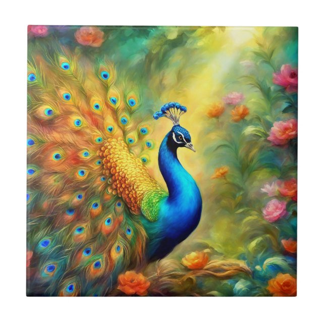 Beautiful Peacock in Garden Bird 98 Tile (Front)