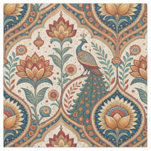 Beautiful Peacock & Indian Floral Pattern Artwork Fabric