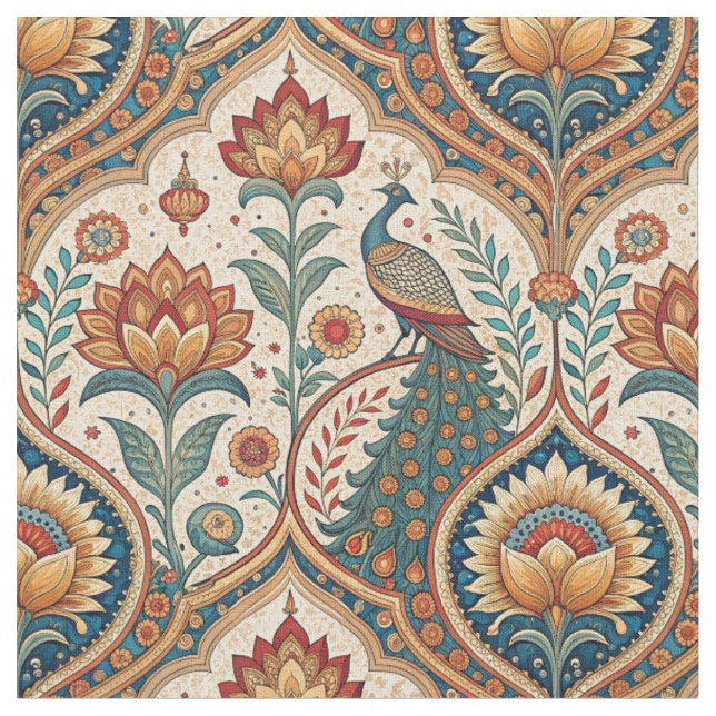 Beautiful Peacock & Indian Floral Pattern Artwork Fabric (Close Up)