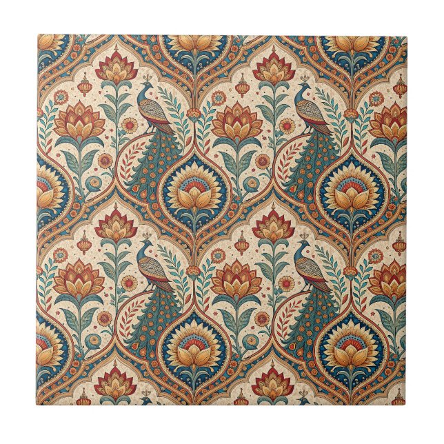 Beautiful Peacock & Indian Floral Pattern Artwork Tile (Front)
