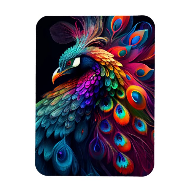 Beautiful peacock on black background artwork magnet (Vertical)