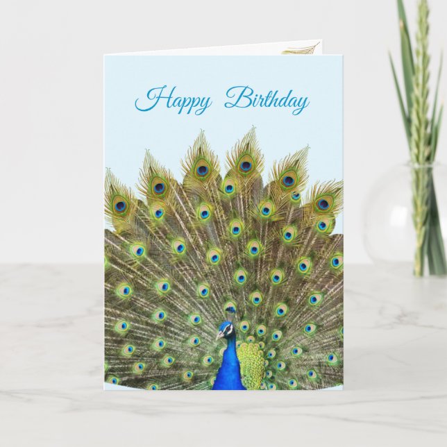 Beautiful Peacock on Light Blue Birthday Note Card (Front)