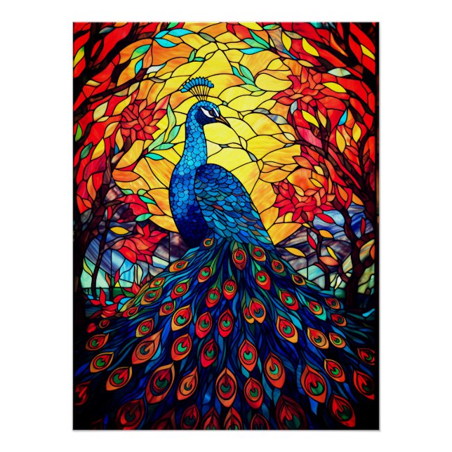 Beautiful Peacock Stained Glass Wildlife Art Poster (Front)