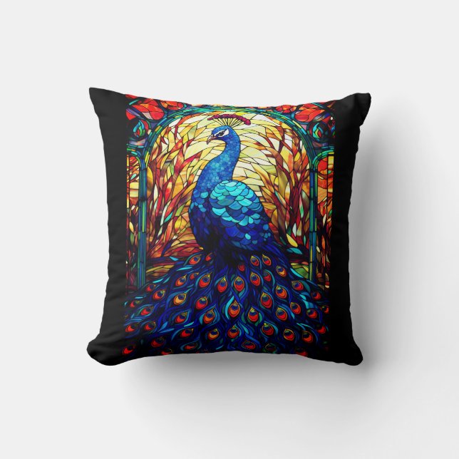 Beautiful Peacock Stained Glass Wildlife Art Throw Pillow (Front)