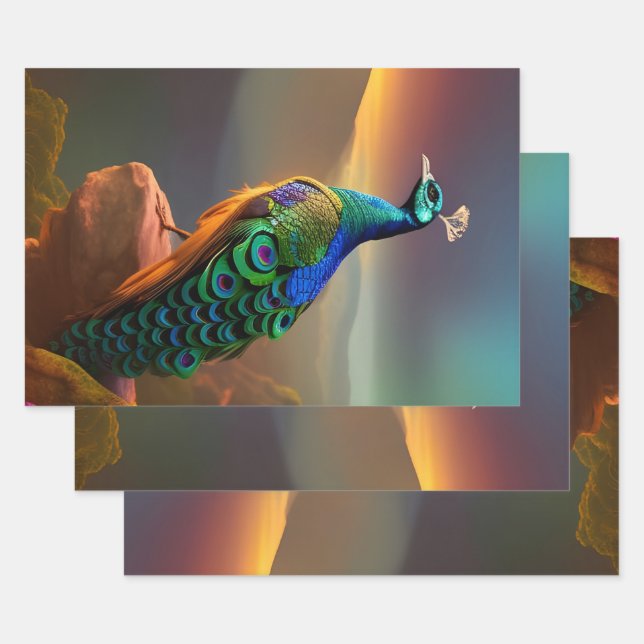 Beautiful Peacock Welcomes the Day   Wrapping Paper Sheet (Set)