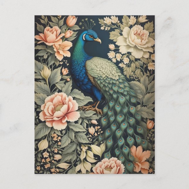 Beautiful Peacock William Morris Inspired Floral  Postcard (Front)