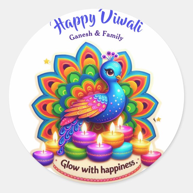 Beautiful Peacock with Diya Personalized Diwali Classic Round Sticker (Front)