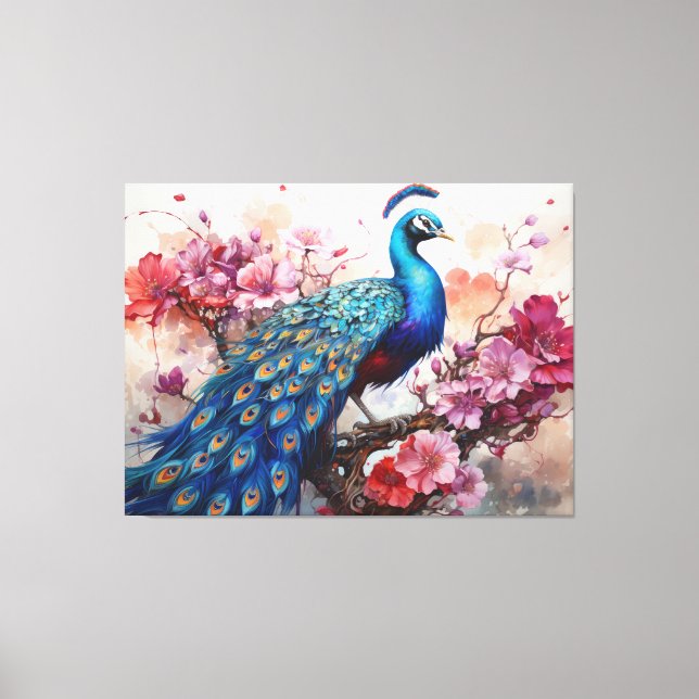 Beautiful Peacock with Flowers Canvas Print (Front)
