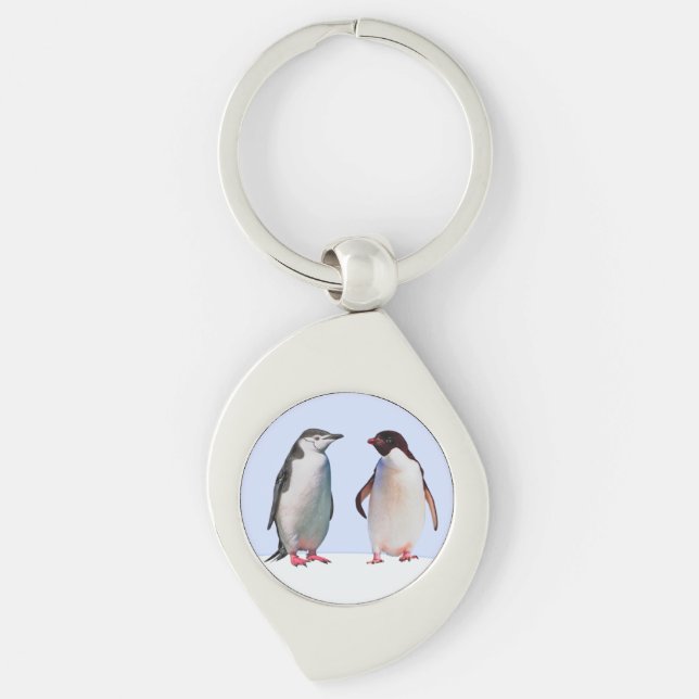 Beautiful Penguin Bird Couple on Light Blue Keychain (Front)