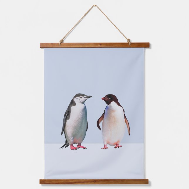 Beautiful  Penguin Couple on Light Periwinkle Blue Hanging Tapestry (Front)