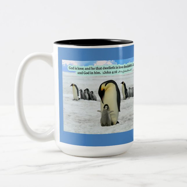 Beautiful Penguin Scripture 1 John 4:16 Two-Tone Coffee Mug (Left)