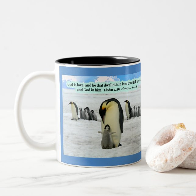 Beautiful Penguin Scripture 1 John 4:16 Two-Tone Coffee Mug (With Donut)