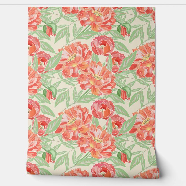 Beautiful Peonies Bold Colours and Greenery Wallpaper (Unrolling)