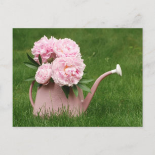 Beautiful peonies in a watering can postcard