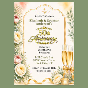 Beautiful Peony Champagne 50th Anniversary Party Invitation