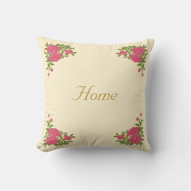 Beautiful peony flowers on ivory throw pillow (Front)