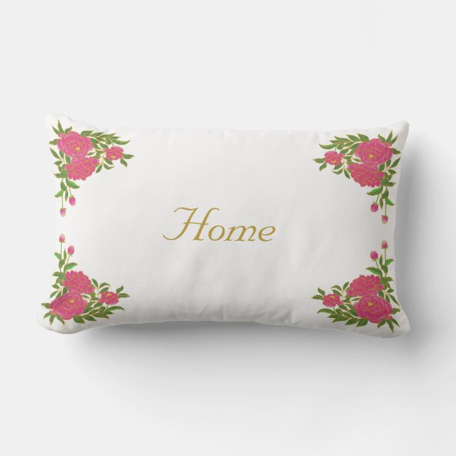 Beautiful peony flowers on white lumbar pillow (Front)