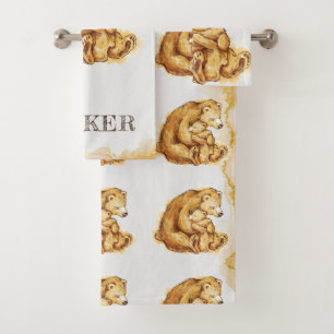 Beautiful Personalized Bear watercolor Bath Towel Set