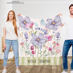 Beautiful personalized cute botanical purple green fleece blanket