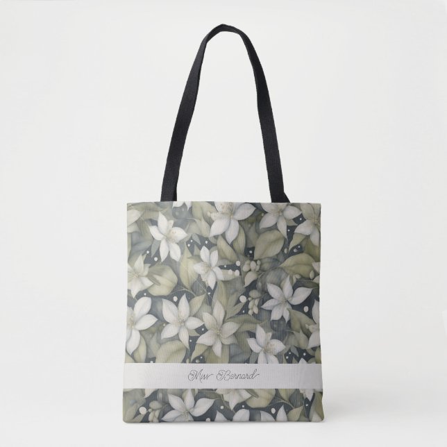 Beautiful Personalized Ivory Blossoms on Sage Tote Bag (Front)