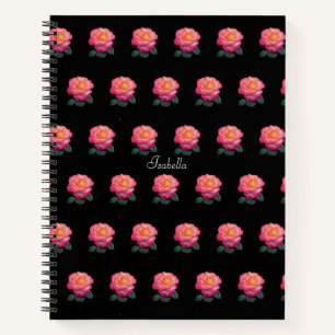 Beautiful Personalized Pink Rose Pattern on Black Notebook