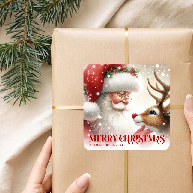 Beautiful Personalized Santa and Rudolph Holiday   Square Sticker (Beautiful Personalized Santa and Rudolph Holiday Sticker)