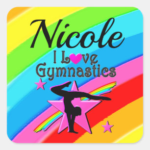 BEAUTIFUL PERSONLIZED I LOVE GYMNASTICS DESIGN SQUARE STICKER