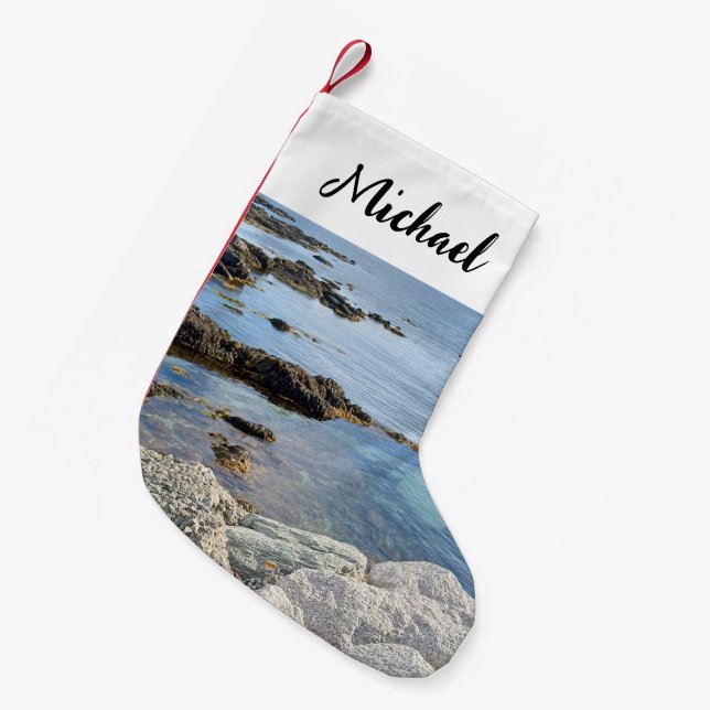 Beautiful Photo of Clear Blue Ocean Custom Name Small Christmas Stocking (Front (Hanging))
