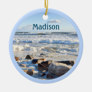 Beautiful Photo of the Ocean Custom Name and Year Ceramic Ornament