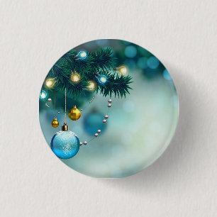 Beautiful Pine Tree With Blue Christmas Ball 1 Inch Round Button
