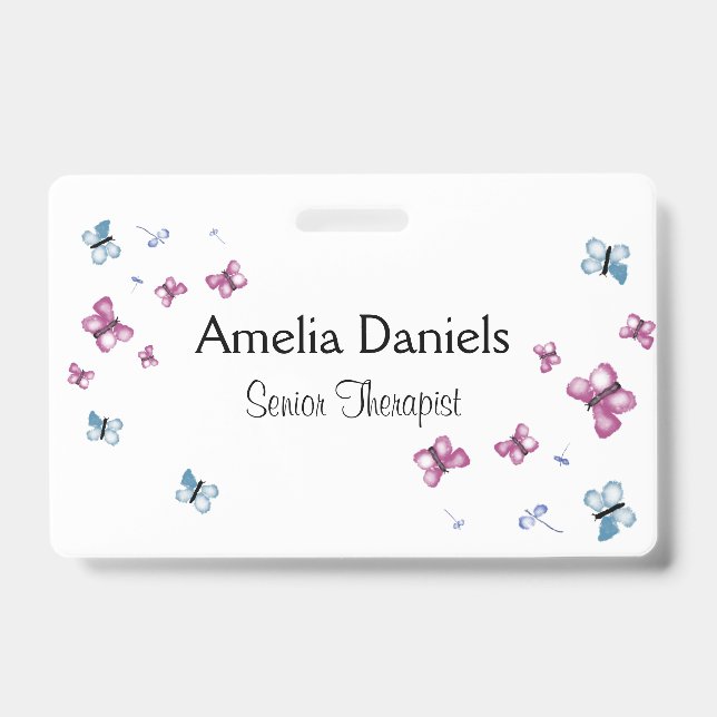 Beautiful Pink and Blue Butterfly Name Tag Badge (Front)