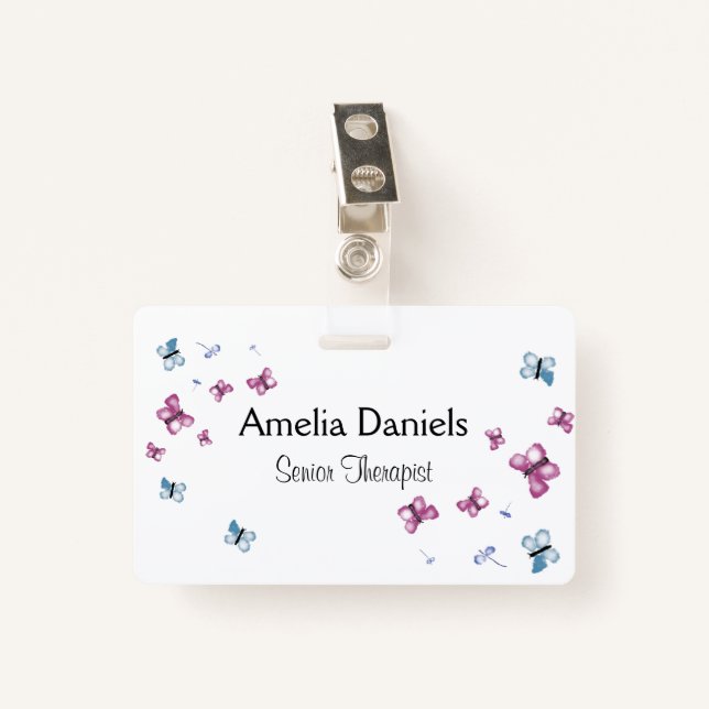 Beautiful Pink and Blue Butterfly Name Tag Badge (Front with Clip)
