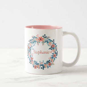 Beautiful Pink and Blue Floral Wreath Coffee Mug