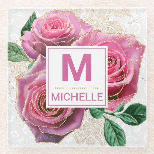 Beautiful Pink and Gold Glam Roses Monogram Glass Coaster