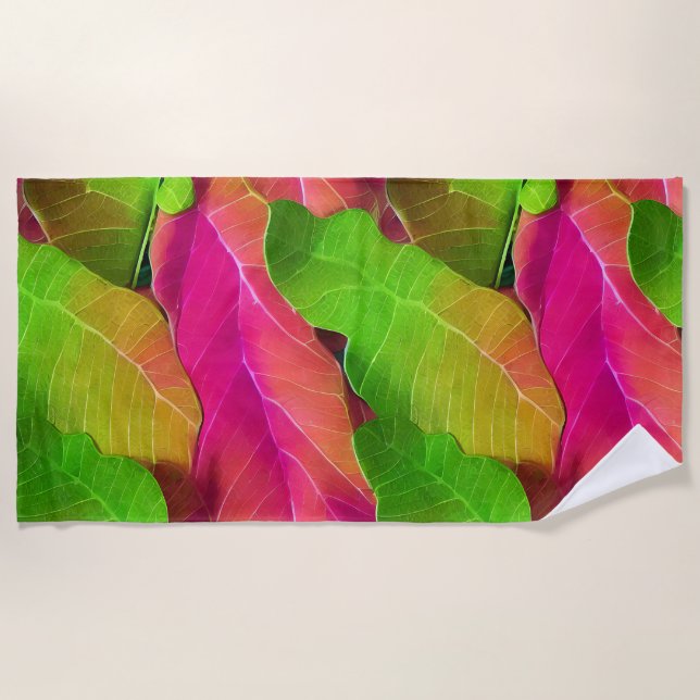 Beautiful Pink and Green Leafy Pattern  Beach Towel (Front)