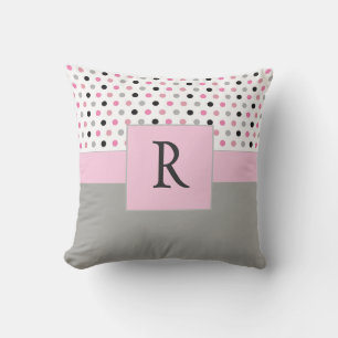 Beautiful Pink and Grey Monogram Polkadots Throw Pillow