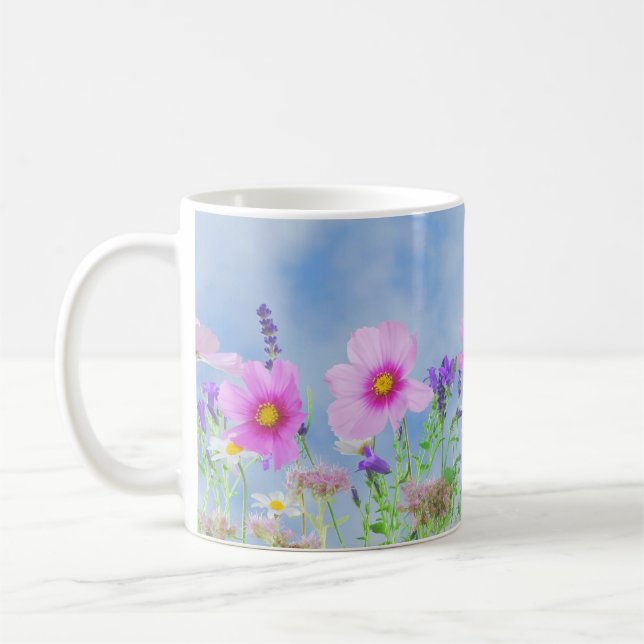 Beautiful Pink and Purple Flowers with Cloudy Sky Coffee Mug (Left)