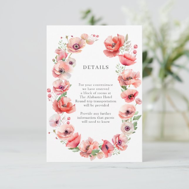 Beautiful pink and red poppy flower design Details Enclosure Card (Standing Front)