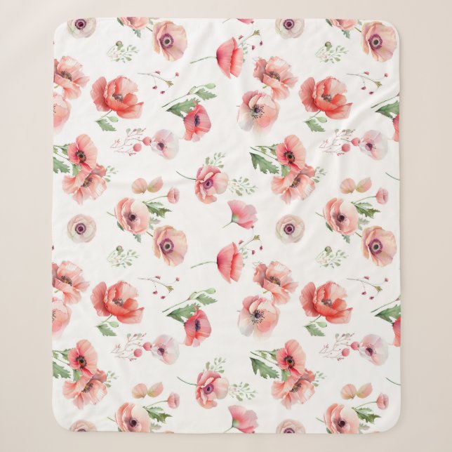 Beautiful pink and red poppy flower design  sherpa blanket (Front)