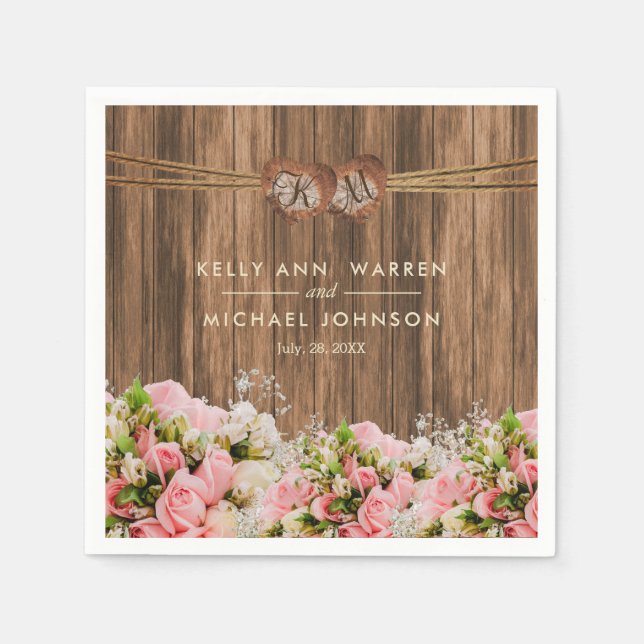 Beautiful Pink and White Roses on Wood Napkin (Front)
